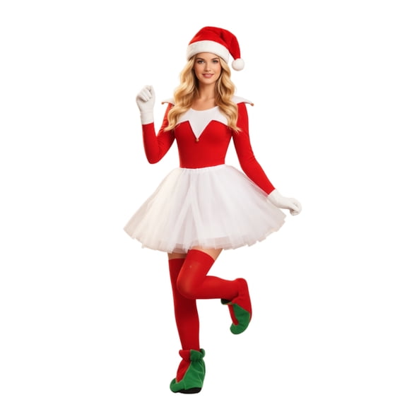 Women’s Christmas Elf Costume Set, Adult Christmas Elf Dress, Festive Holiday Dress Up Outfit for Christmas Parties, Cosplay Events and Seasonal Celebrations