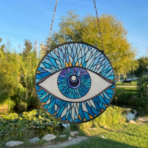Evil Eye Painted Stained Glass Suncatcher, Window Hanging Decor, Outdoor Suncatcher Decor, Spritual Glass Decor, Protection Charm Home Décor
