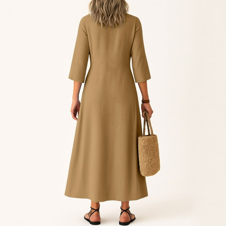 Suining Womens Linen Dress Fall Long Sleeve Loose Fit Shift Dresses Lightweight Basic Vneck Long Flowy Modest Dress Light Brown S, Women's, Size: