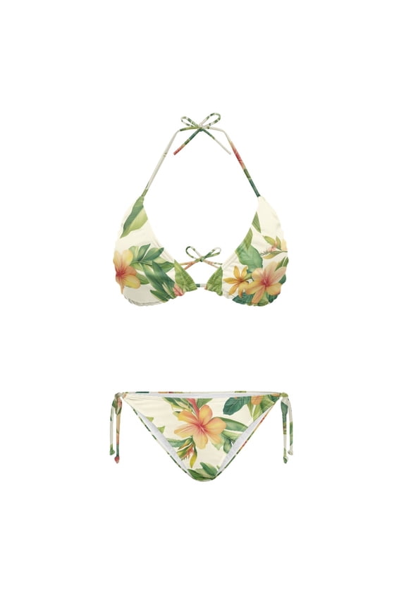 Tropical Floral Pattern Bathing Suit, Elastic Bikini Sets Chic Spaghetti Strap Ladies' Backless Bikini Set for Summer Swim