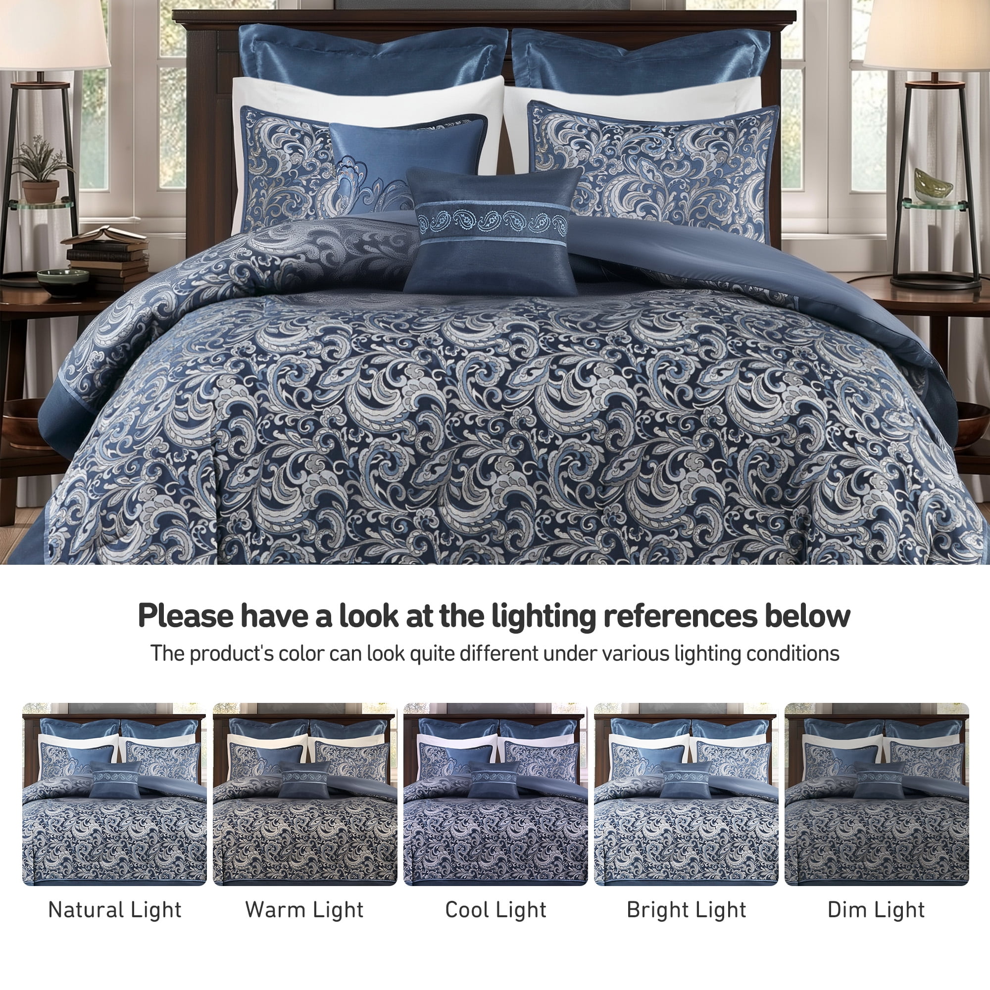Regency Heights 8 Pieces Jacquard Comforter Set with Bedskirt and Decor Pillows, Queen, Navy