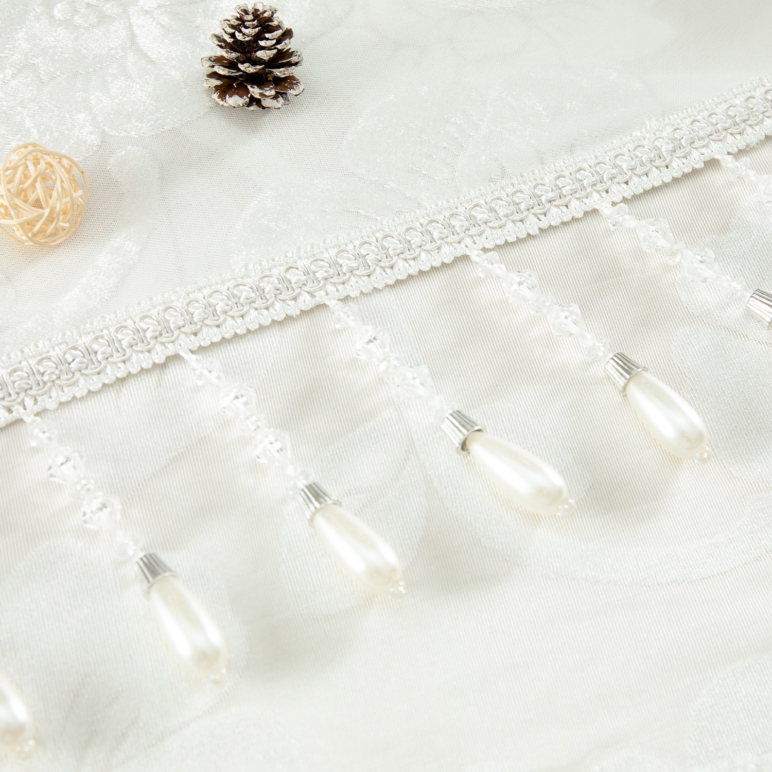 VOGOL White Floral Jacquard Waterfall Sheer Valance Curtain, Beaded Tassel Edge, 43x110 Inches, Elegant Home Drapery