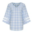 thumbnail image 6 of Wycnly Womens Blouses and Tops Dressy Mesh Patchwork Flared Sleeve Loose Fit Chiffon Pullover Shirts 2024 Summer V-Neck 3/4 Sleeve Plaid Print Casual Blouses Light Blue s, 6 of 7
