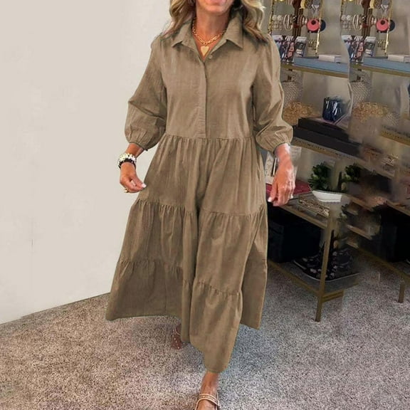 ClodeEU Women's Button Up Lapel Shirt Dress,Casual Puffy Hem in Cotton Linen Blend Khaki,Womens Plus XXXL