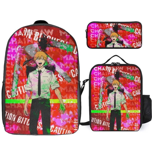 Chainsaw Man 3 Piece Backpack Set with Lunch Bag Pencil Case, High Capacity Bookbag with Lunch Box Pen Box for Man Women Workplace Travel