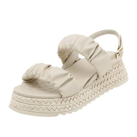 

ZIZOCWA Summer Roman Sandals Women Fashion Outside Platform Shoes Buckle Ankle Strap Beach Casual Thick Bottom Sandals Leather Pleated Beige Size7