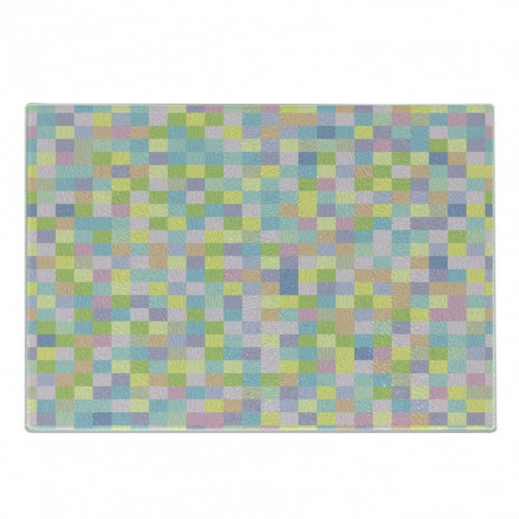 Pastel Cutting Board, Colorful Squares Pattern Checkered Mosaic Style Mottled Cubical Tile Grid Print, Decorative Tempered Glass Cutting and Serving Board, Small Size, Multicolor, by Ambesonne