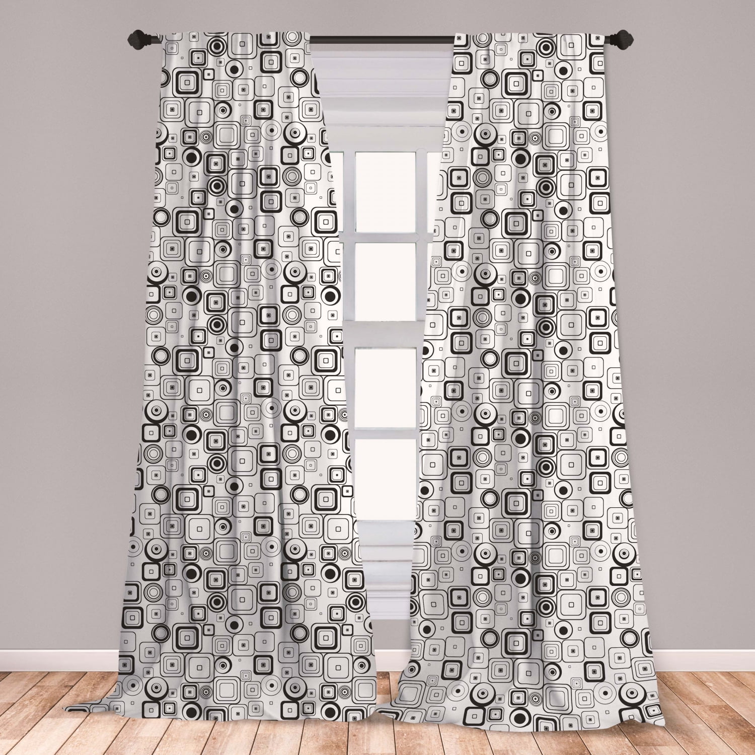 Black and White Curtains 2 Panels Set, Retro Style Squares and Circles