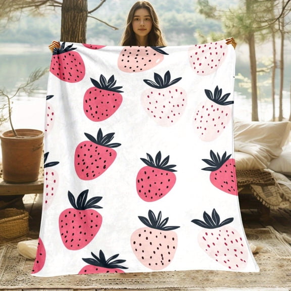 Strawberry Pattern Flannel Throw Blanket - Lightweight Soft Warm All-Season Cozy Blanket for Sofa, Bed, Camping, Office & Outdoor Use - Digital Printed Mixed Colors, Fantasy Theme