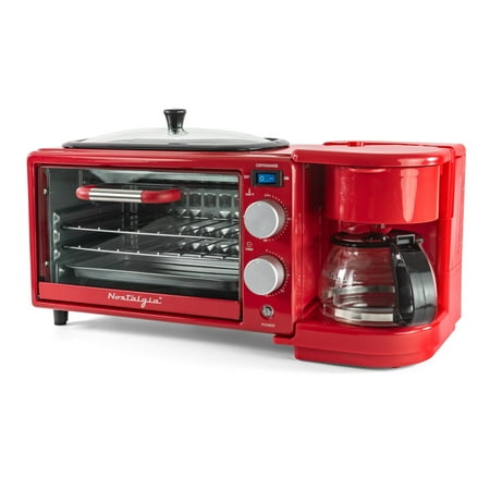 Nostalgia 3-in-1 Retro Breakfast Station - Includes 5 Cup Coffee Maker, Non-Stick Ceramic Griddle, and 4-Slice Toaster Oven - Built-In Timer, Reusable Coffee Filter, Space-Saving Design - Red