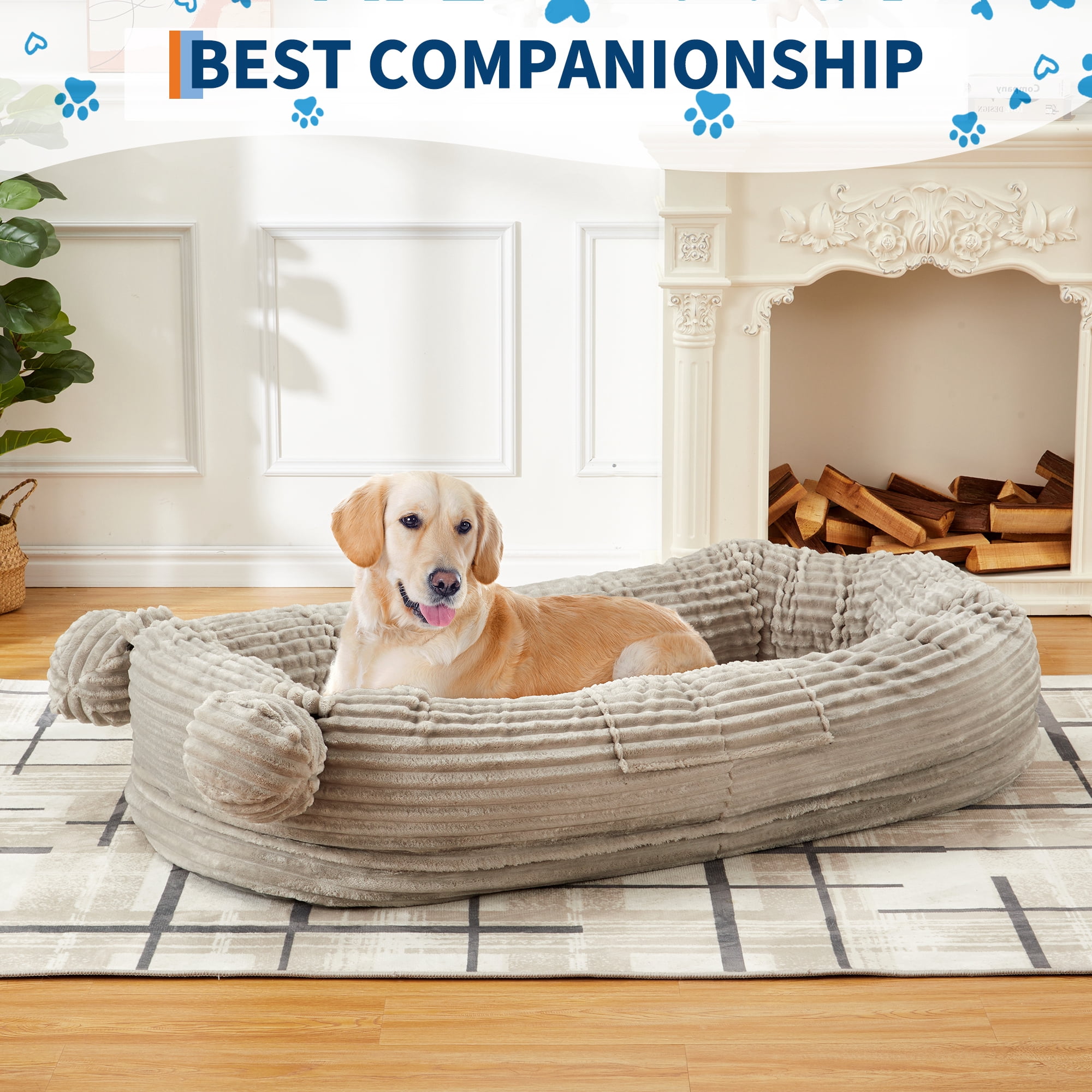 Human Dog Bed for Adults, Human Size Dog Bed Fits You and Pets, Washable Faux Fur Napping Orthopedic Dog Bed with Blanket & 2 Side Pockets, Brown