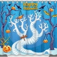 thumbnail image 1 of Happy Halloween Shower Curtain - Blue Background with Wrapped Tree, Bats & Pumpkins, 1 of 4