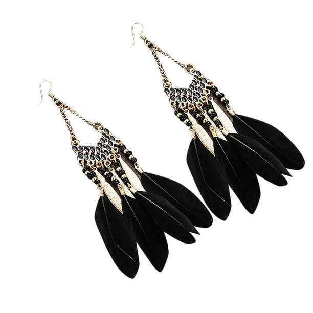 Mujeres Boho largo de plumas de borlas pendientes de joyería de la vendimia de perlas cuelgan pendientes colgantes