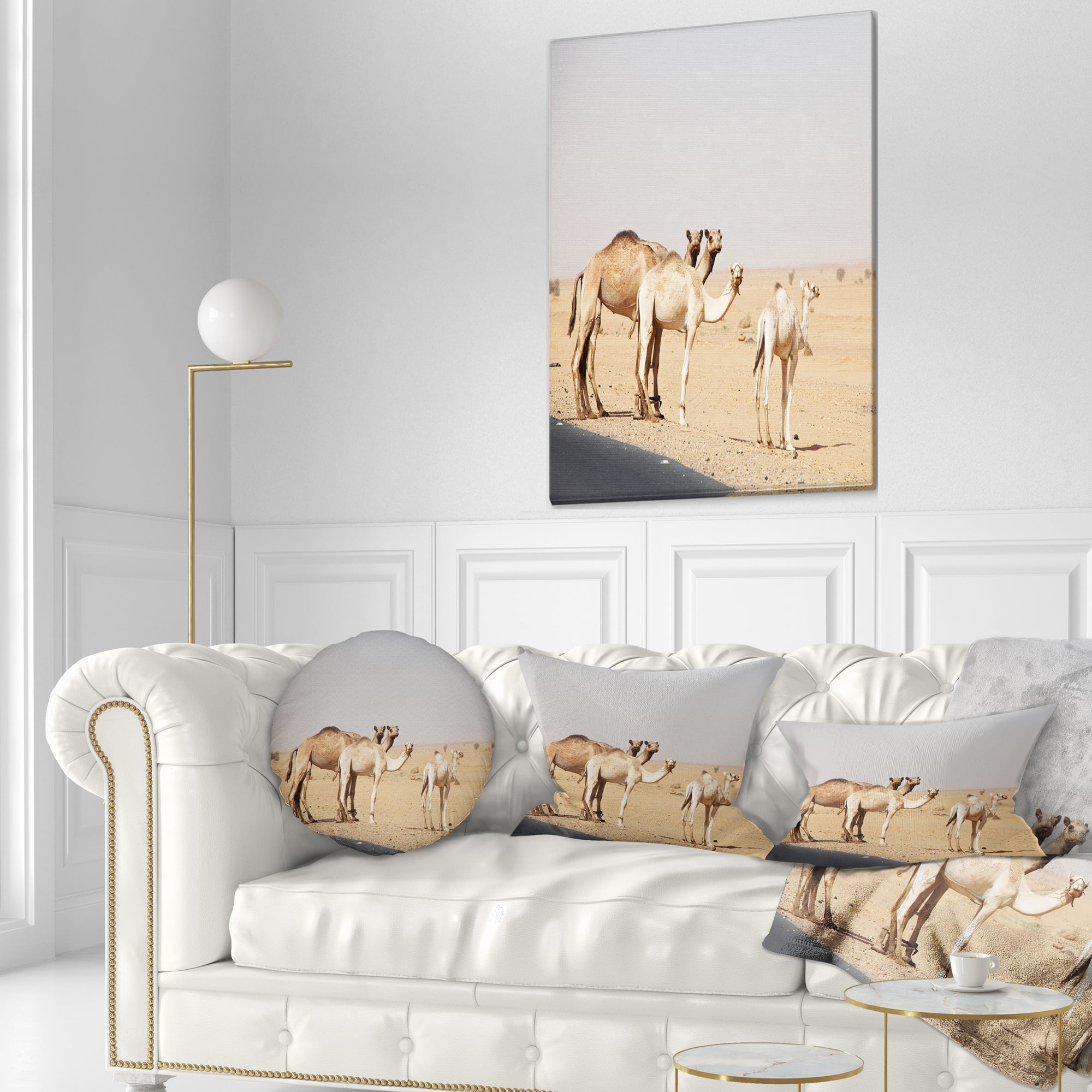 Designart Camels in Sunny Sahara Desert - Animal Throw Pillow - 12x20