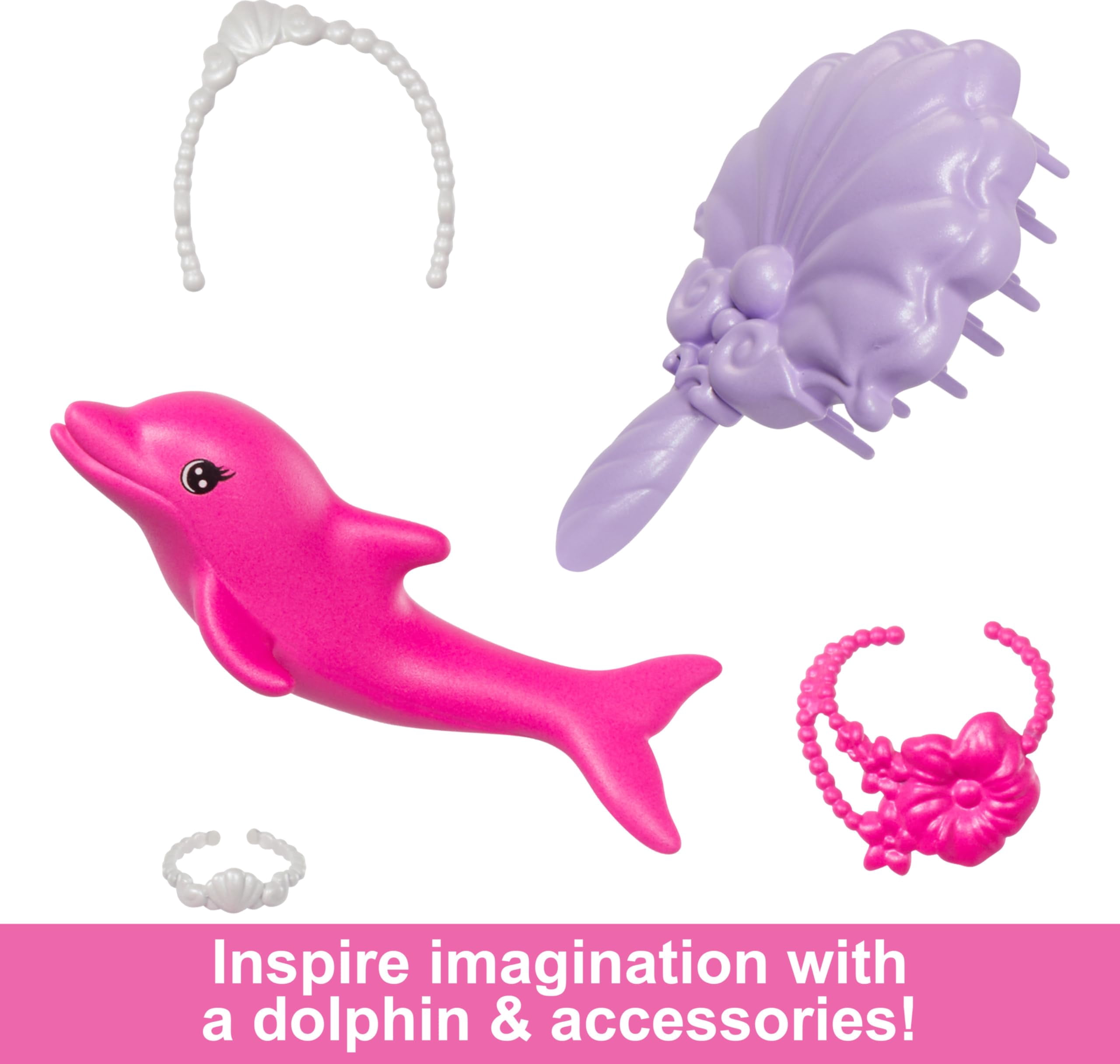 Barbie Mermaid Doll, Malibu with Pink Hair, Styling Accessories, Pet Dolphin and Water-Activated Color Change Feature Multicolor