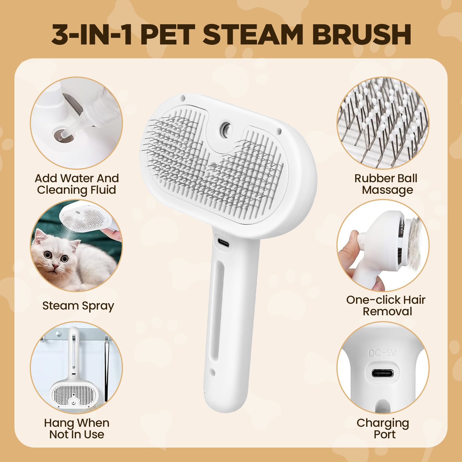 Absoke 3-in-1 Cat Steam Brush with Spray photo 3