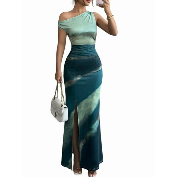 Women'S Tie Dye Maxi Dress Off the Shoulder Split Ruched Sleeveless Bodycon Long Dresses Green XL