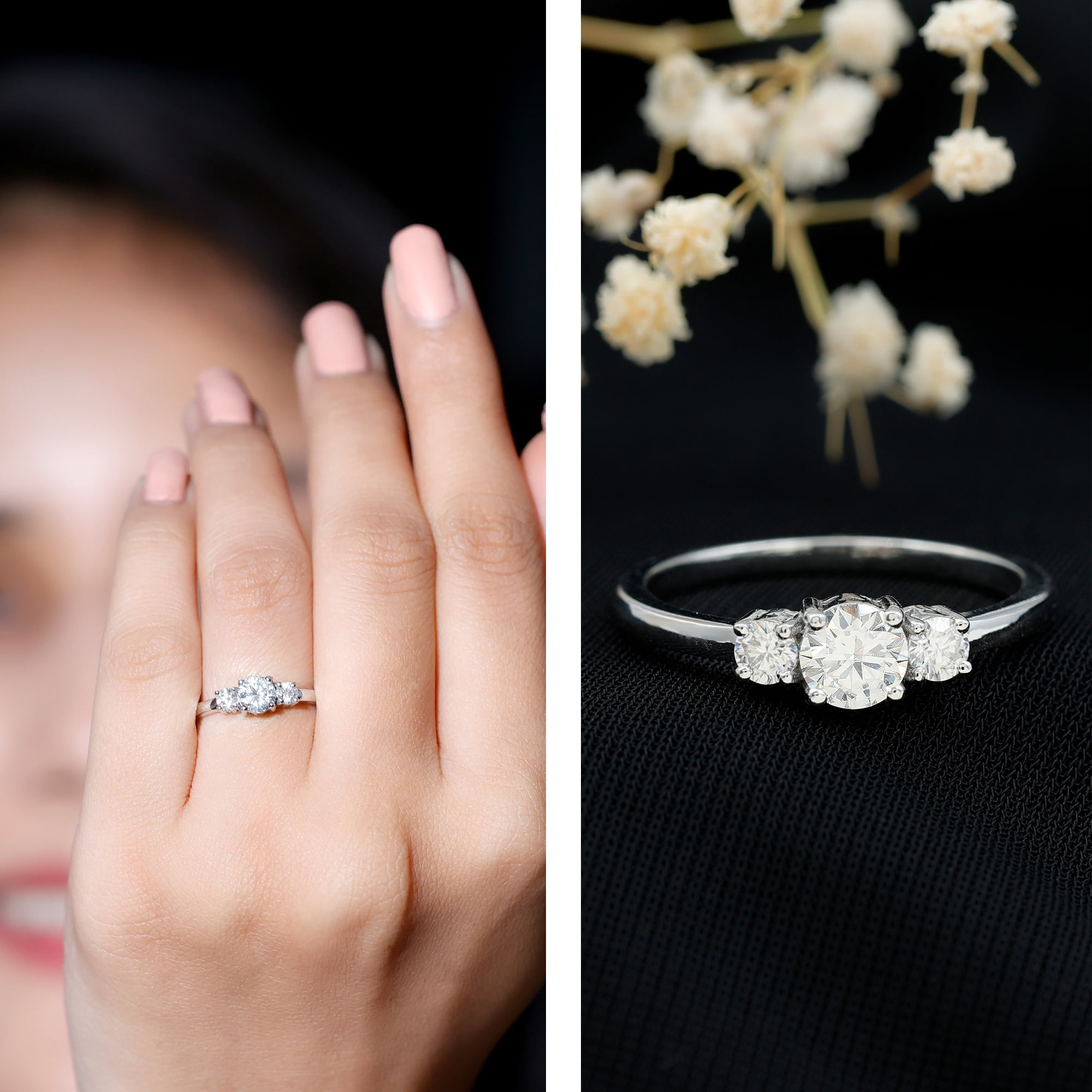 Rosec Jewels Lab Diamond 3 Stone Engagement Ring for Women - Past Present Future Ring - EF-VS Grade, 10K White Gold, US 4.50