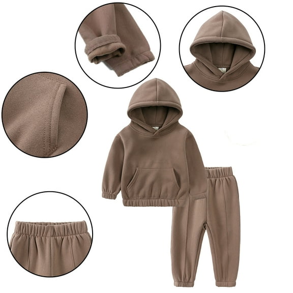 Godderr 2PCS Toddler Baby Winter Hooded Pullover Sweatshirt Pants Outfits for Kids Boys Girls Clothes Sweatshirt Jogger Pants Outfits Cotton Long Sleeve Solid Color Classic Set for 1-7Y