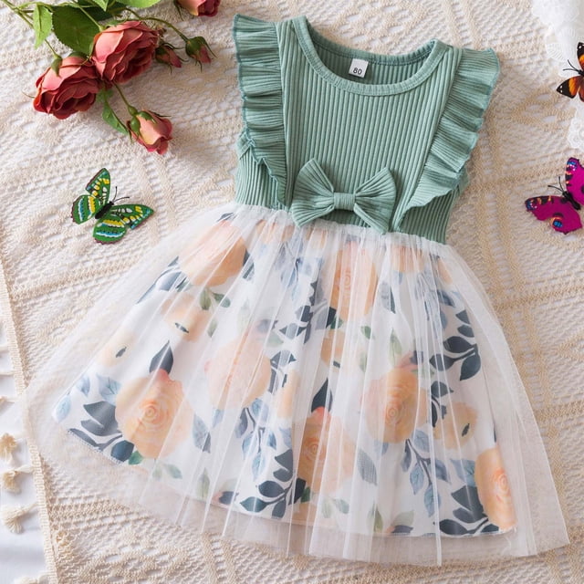 TopLLC Robe à Manches Courtes à Col Rond Filles Été Nouvelle Robe à Manches Courtes Robe Princesse en Gaze Imprimée Robe d'Anniversaire Robe Robe Fille