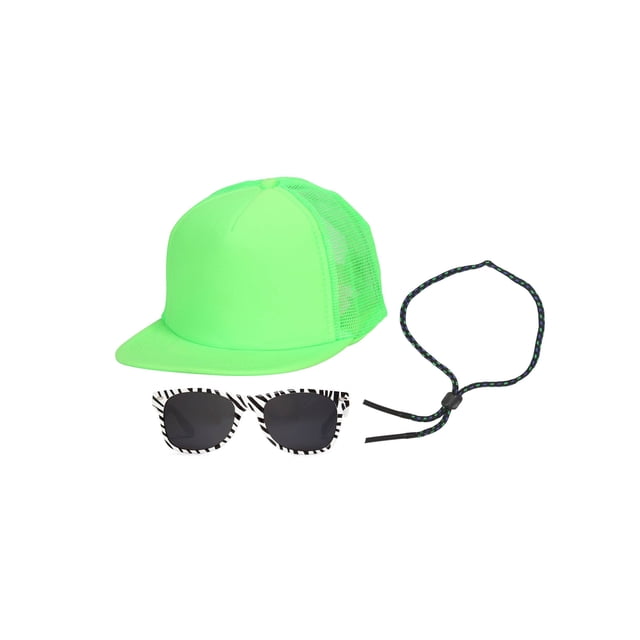 90s Neon Kit Neon Green Trucker Hat, Sunglass Strap, Zebra Tinted Sunglasses