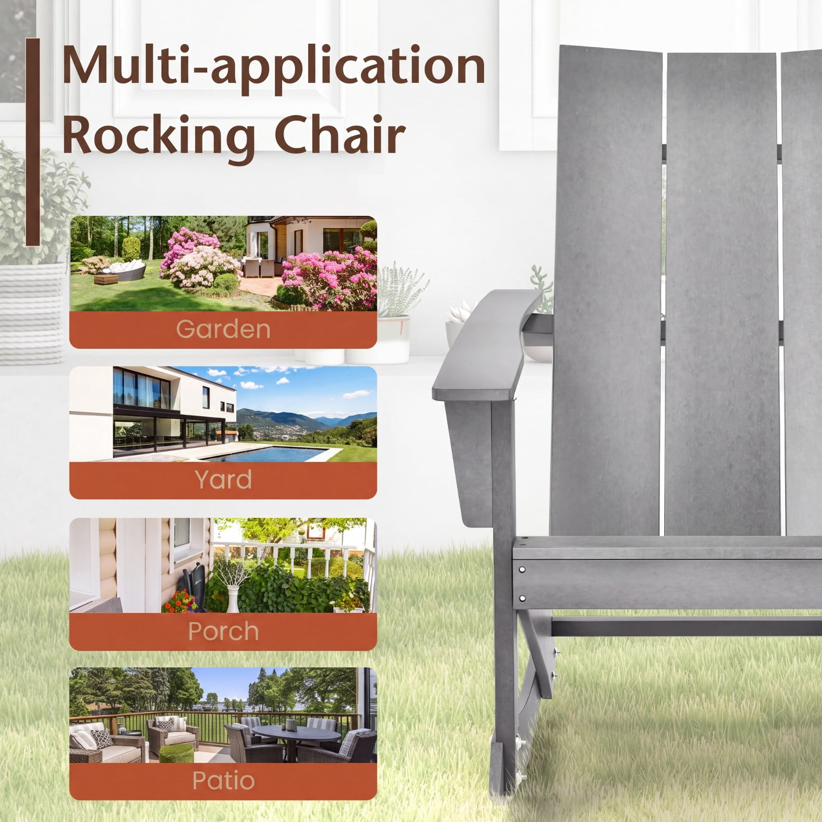 Furnibear HDPE Adirondack Rocking Chair with Curved Back Rounded Armrests and Weather Resistant Build for Porch Balcony Patio and Garden, Gray