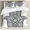 thumbnail image 1 of Hamsa Duvet Cover Set King Size, Nature Inspired Tribal Pattern Monochrome Sketch Boho Artwork with Leaves Third Eye, Decorative 3 Piece Bedding Set with 2 Pillow Shams, Black White, by Ambesonne, 1 of 3