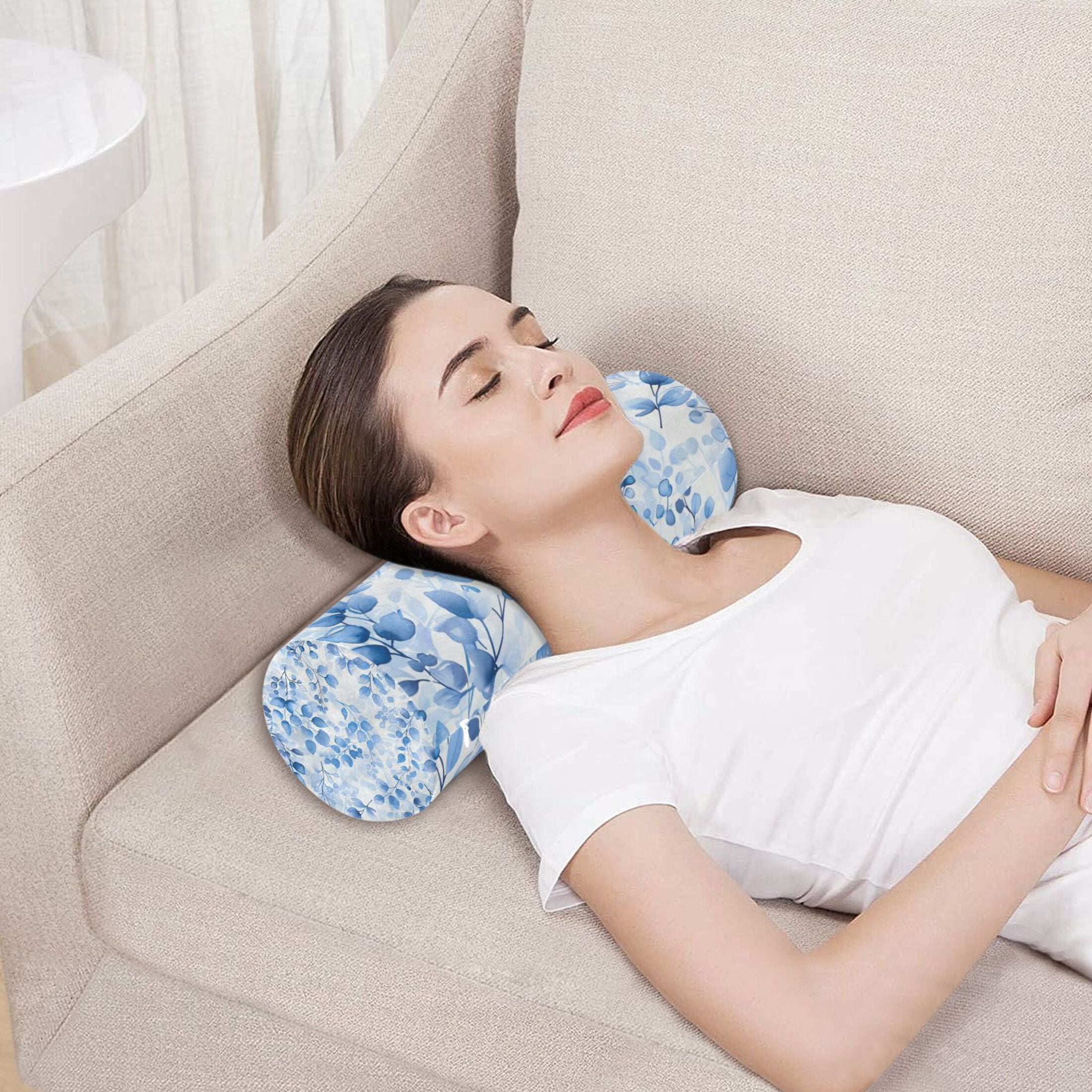 Neck pillow Round Cervical Pillow Cylindrical Pillow Lumbar Pillow Sofa Headrest Pillow Support For the Back, Neck and Head Light Blue Leaves