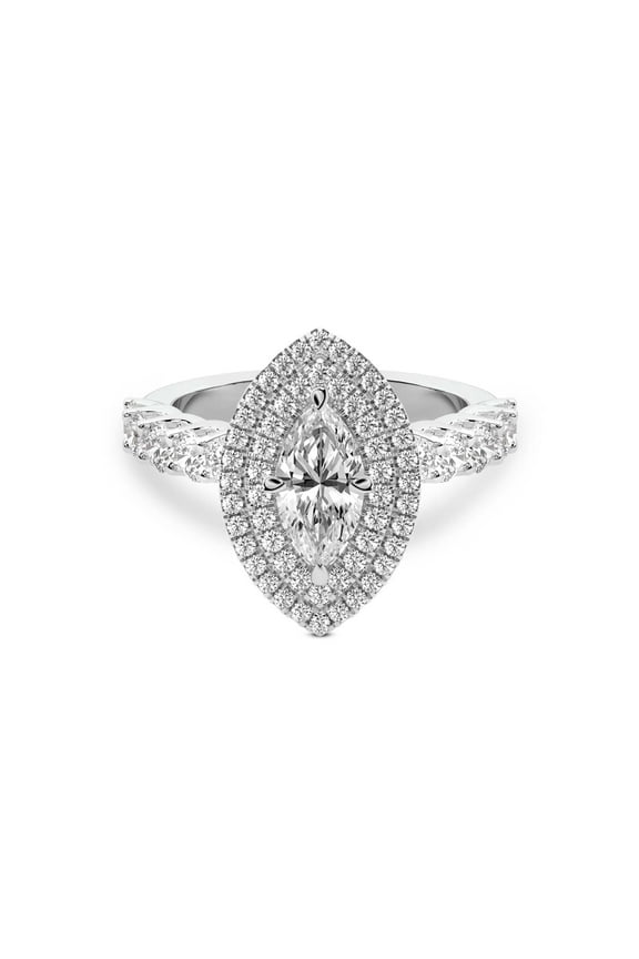 IGI Certified 2 Carat Marquise Shape Lab Grown Diamond Engagement Ring | 14K White Gold | Crowned Cresta Double Halo Diamond Ring | FG-VS1-VS2 Quality Friendly Diamonds