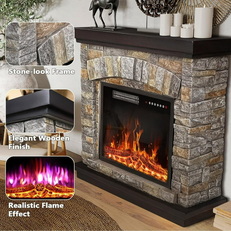 Waleaf Electric Fireplace with Mantel 36 inch Freestanding Stone Fireplace Heater TV Stand with Remote Control