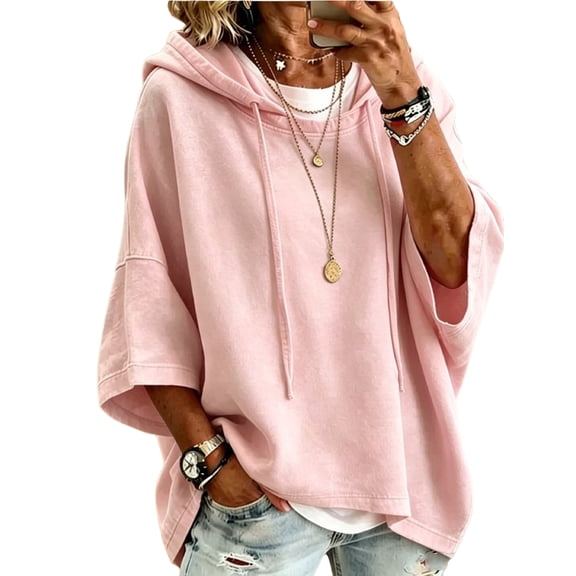 Women's Oversized 3/4 Sleeve Sweatshirt, Loose Fit Drawstring Shirt, Lightweight Casual Fall Outwear