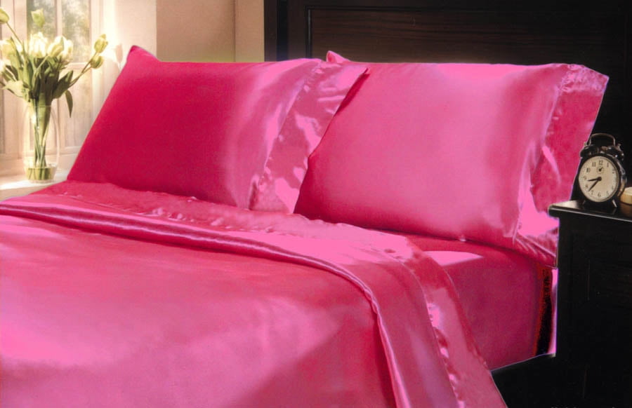 Fitted Sheet,Satin Pillowcases DuShow Pink Satin Silk 4 Pcs Bedding Set,Silk Flat Sheet King,Pink