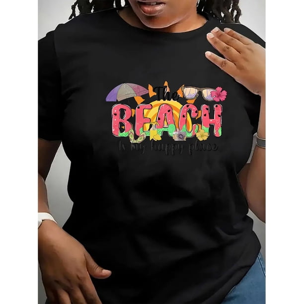 Women's Casual Summer Tee - Watermelon Beach Graphic, Crew Neck Short Sleeve, Stretchy Polyester Blend, Machine Washable