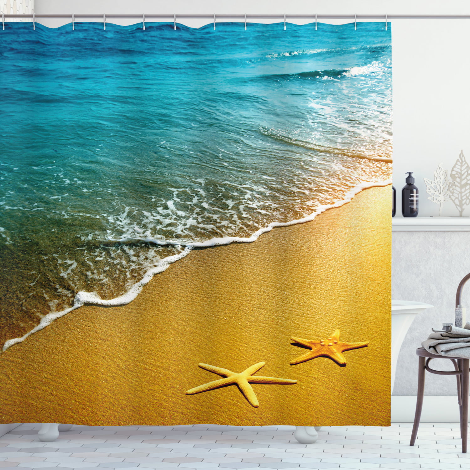 Ocean Waves Beach Scenery Shower Curtain Liner Waterproof Fabric & 12 Hooks 72" 