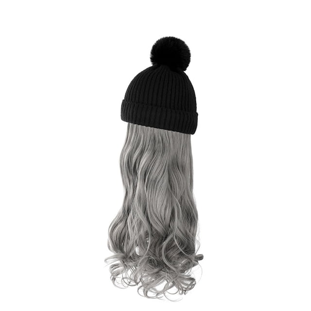 Qarigey Sombrero de pelo de simulación para mujer, gorro de punto desmontable Natural, pelos largos falsos, accesorios para la cabeza para Cuidado del cabello Gris
