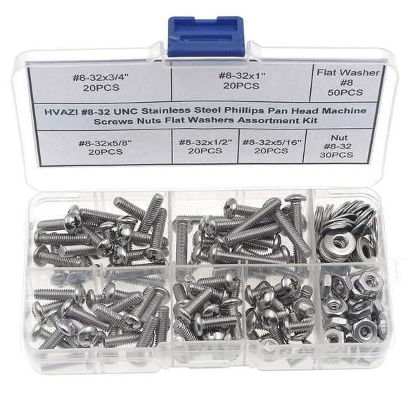 HVAZI #8-32 UNC Stainless Steel Phillips Pan Head Machine Screws Nuts Flat Washers Assortment Kit