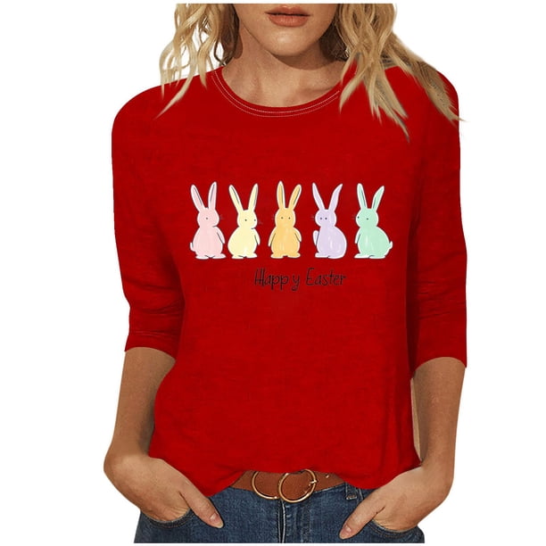 Tops de Cuello Redondo para las Mujeres Pascua Impresa 3/4 Mangas Blusa, Ligera Imitación Algodón Top Casual