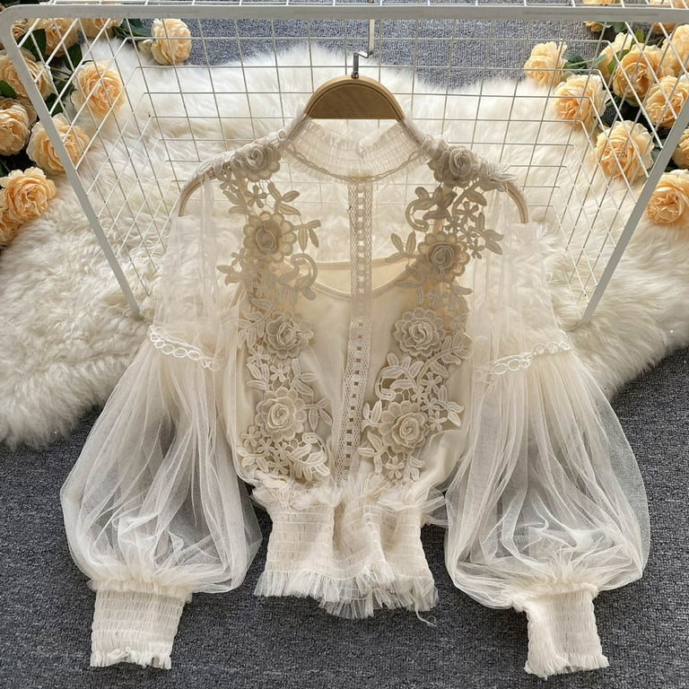 Women Cottagecore 3D Flower Blouse Bell Long Sleeve Sheer Lace