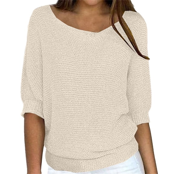 ManxiVoo Women's Off Shoulder Sweater Top Long Sleeve Pullover for Fall and Summer Layering with Three Quarter Sleeve Holiday Style L Size Beige