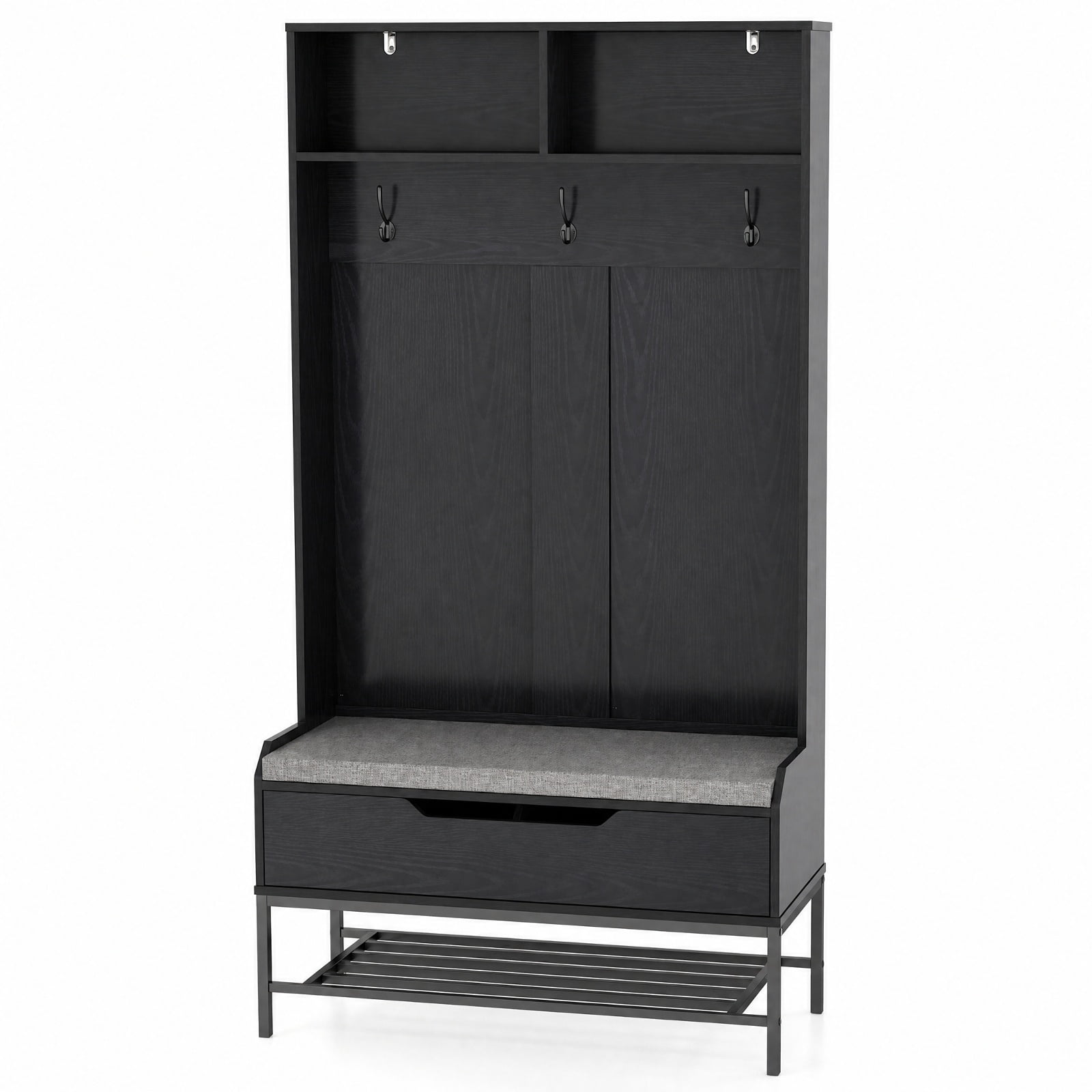 Furnibear 69 Inch Tall Hall Tree 4 in 1 Coat Rack with Cushioned Bench and Shoe Storage and Hooks for Entryway and Foyer, Black