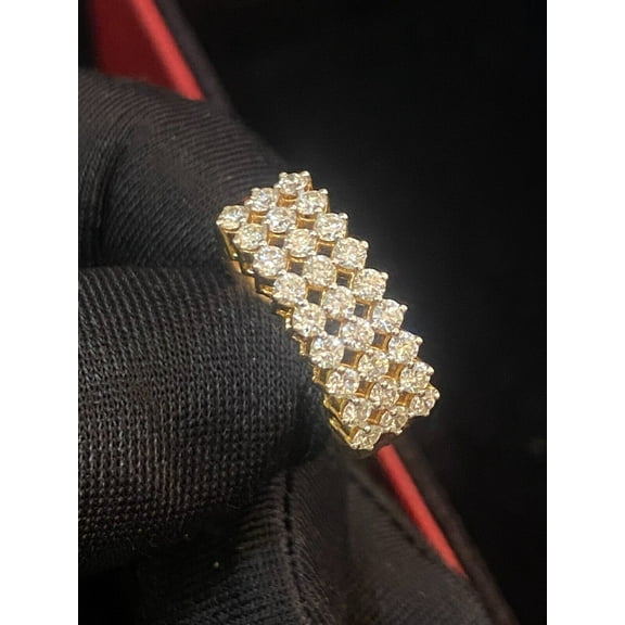 1.08 Carats Round Brilliant Cut Diamonds Three-Row Engagement Band Ring in Hallmark 14K Yellow Gold