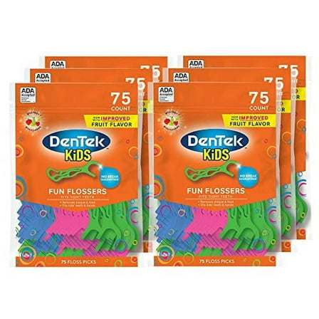 DenTek Kids Fun Flossers, Removes Food & Plaque, Wild Fruit Flavored Floss Picks, 75 Count, 6 Pack
