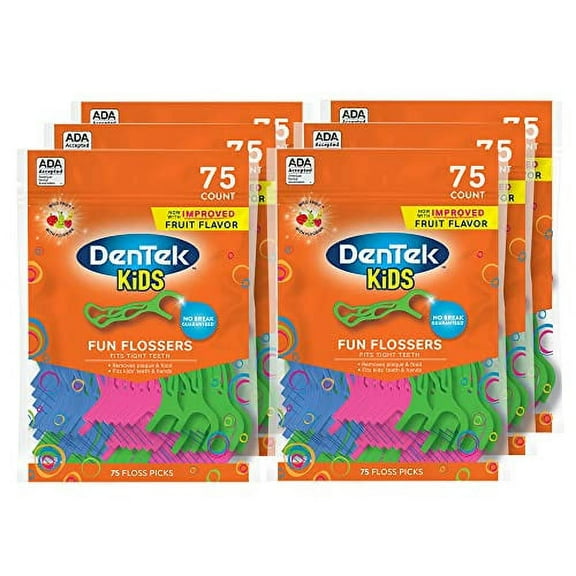 DenTek Kids Fun Flossers, Removes Food & Plaque, Wild Fruit Flavored Floss Picks, 75 Count, 6 Pack