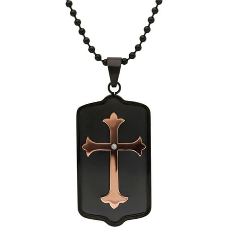 CZ Stainless Steel Pink Cross Dog Tag Pendant, 24"