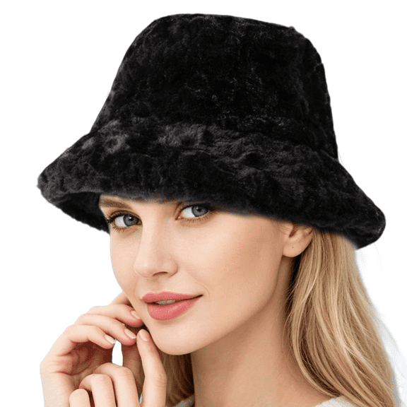 Women Faux Fur Bucket Hat, Fluffy Plush Lined Wide Brim Thermal Fisherman Cap for Multi-Scenario Daily Wear