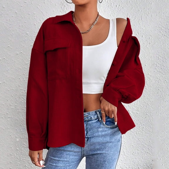 Women's Corduroy Button Down Jacket Lantern Long Sleeve Coat Fall Winter Casual Outerwear with Pockets Wine L