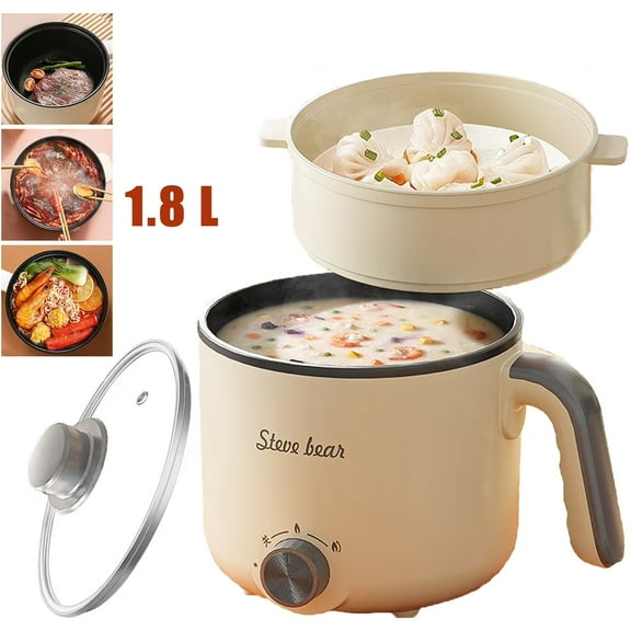 Electric Hot Pot with Steamer, 1.8L Nonstick Electric Cooker Steamer, Portable Mini Ramen Cooker With 2 Temp Settings for Cooking Ramen/Noodles/Soup/Oatmeal, Gray(Rotary Switch)
