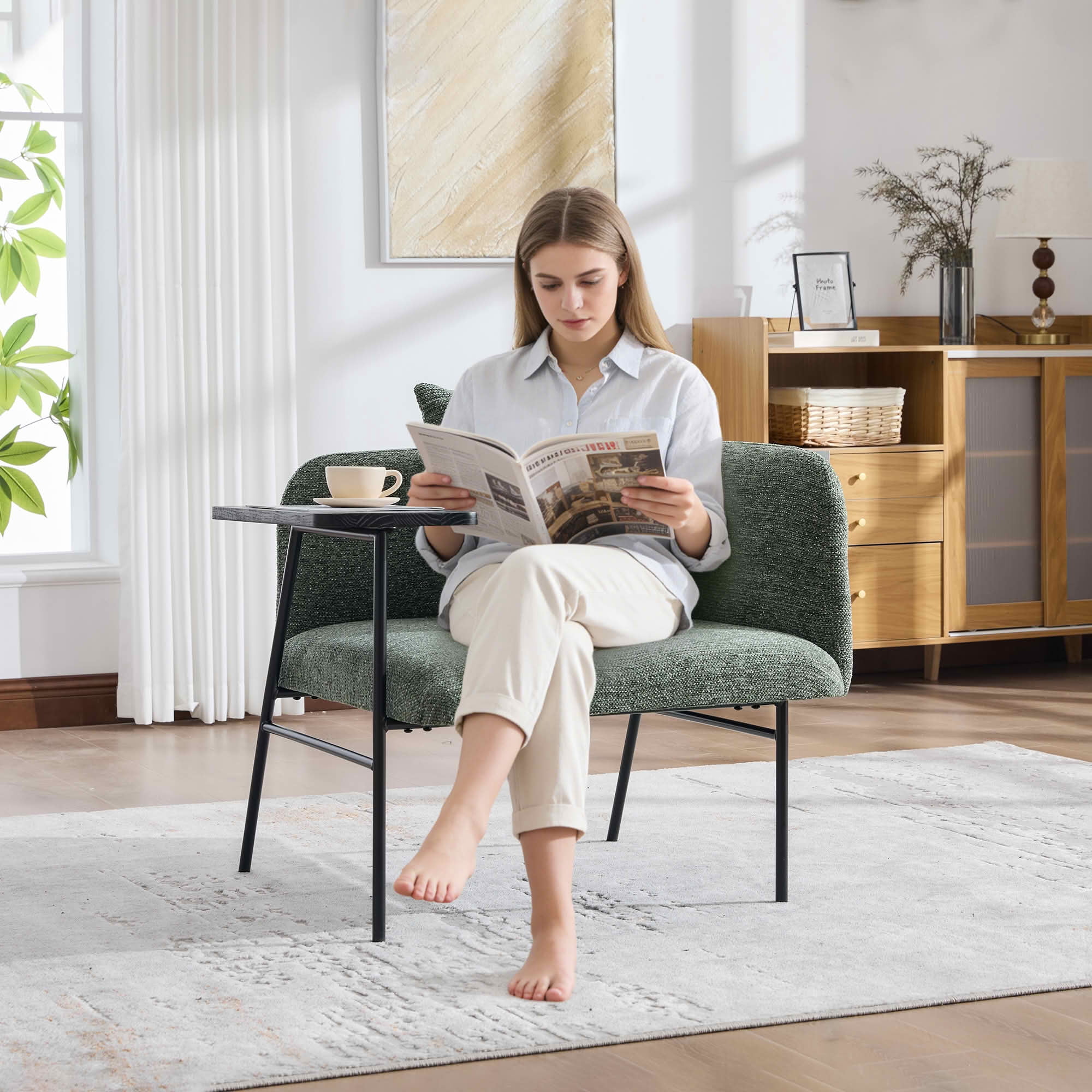 MAYEERTY Leisure Lounge Chair with Side Table & Back Pillow, Armchair, Emerald, Living Room Bedroom