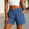 thumbnail image 2 of Women's Soft Cotton Denim Shorts Mid Waisted with Classic Pockets Rolled Hem Comfortable Loose Fit Casual Summer Beach Yoga Outdoor | UKHCCC,Blue L, 2 of 9