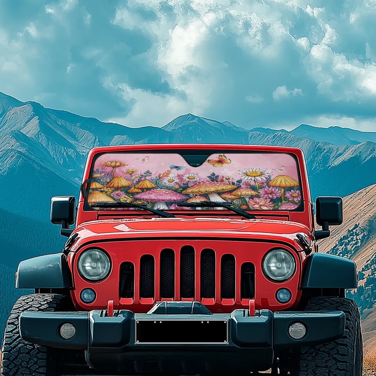 Uorisanigo Windshield Sunshade Sun Shade Heat Shield Folding Pink Mushroom Butterfly Sun Visor Mat Compatible with Jeep Wrangler TJ JK JKU 1996-2018 Interior Accessories for Jeep